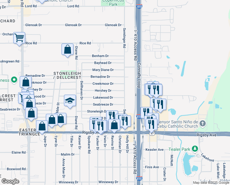 map of restaurants, bars, coffee shops, grocery stores, and more near 5034 Hershey Drive in San Antonio
