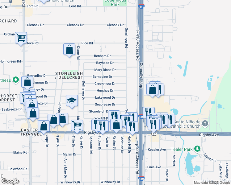 map of restaurants, bars, coffee shops, grocery stores, and more near 5034 Hershey Drive in San Antonio