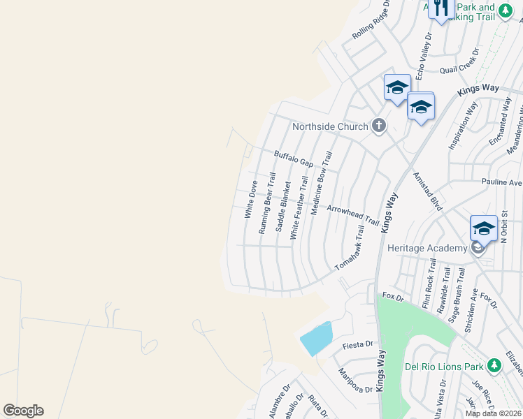 map of restaurants, bars, coffee shops, grocery stores, and more near 205 Running Bear Trail in Del Rio