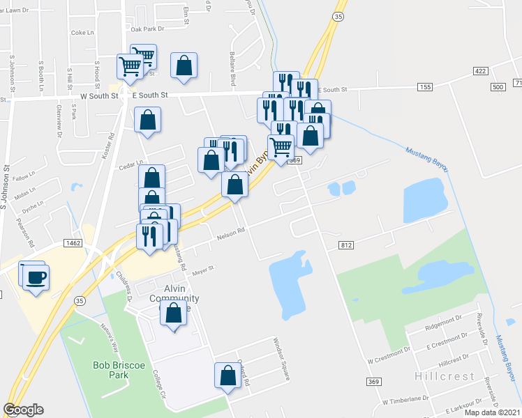 map of restaurants, bars, coffee shops, grocery stores, and more near 2441 South Bypass 35 in Alvin