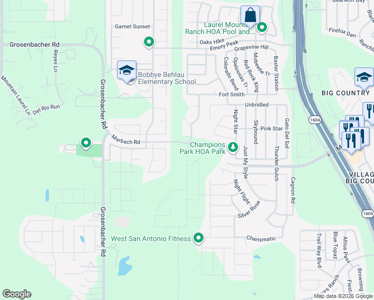 map of restaurants, bars, coffee shops, grocery stores, and more near Marbach Road in San Antonio