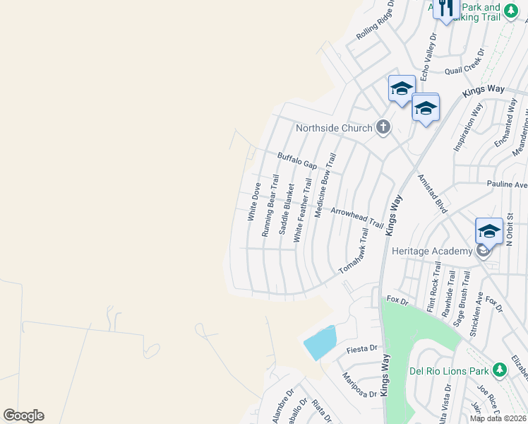 map of restaurants, bars, coffee shops, grocery stores, and more near 205 Running Bear Trail in Del Rio
