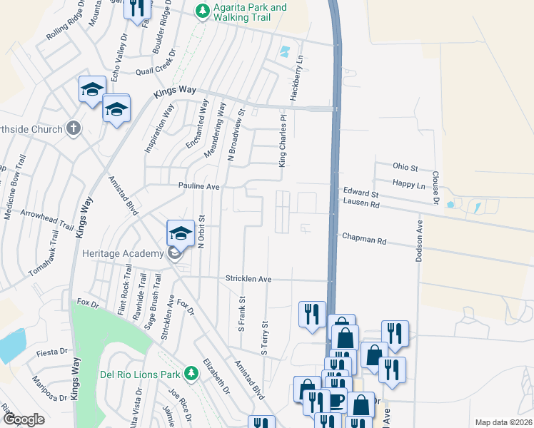 map of restaurants, bars, coffee shops, grocery stores, and more near 102 Wade Circle in Del Rio