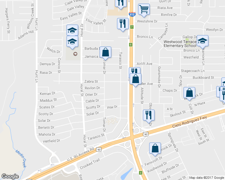 map of restaurants, bars, coffee shops, grocery stores, and more near 505 Tarasco Street in San Antonio