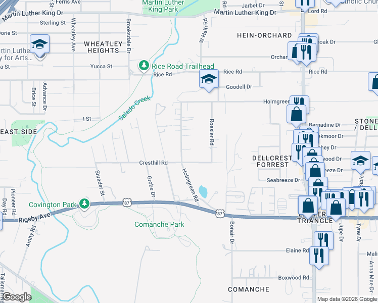 map of restaurants, bars, coffee shops, grocery stores, and more near 725 Cresthill Road in San Antonio