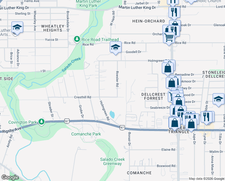 map of restaurants, bars, coffee shops, grocery stores, and more near 121 Roesler Road in San Antonio