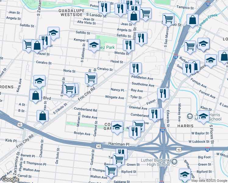 map of restaurants, bars, coffee shops, grocery stores, and more near 148 Nancy Place in San Antonio