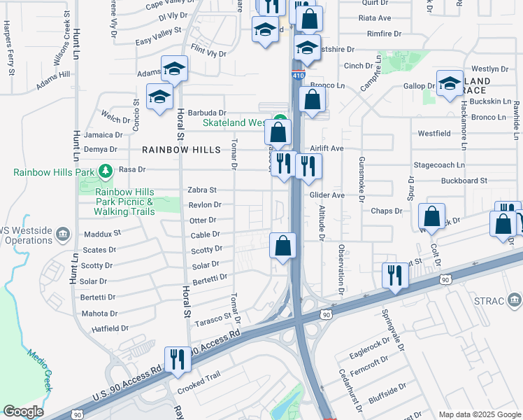 map of restaurants, bars, coffee shops, grocery stores, and more near 505 Tarasco Street in San Antonio