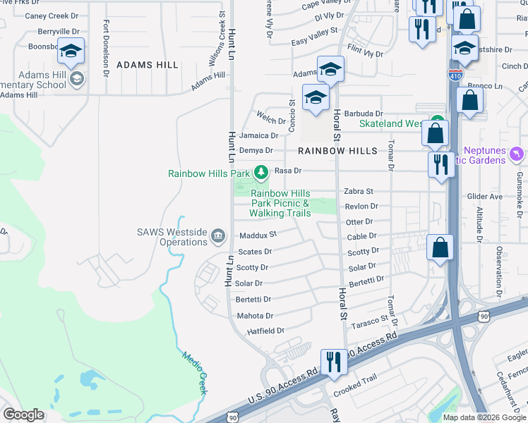 map of restaurants, bars, coffee shops, grocery stores, and more near 102 Simler Street in San Antonio