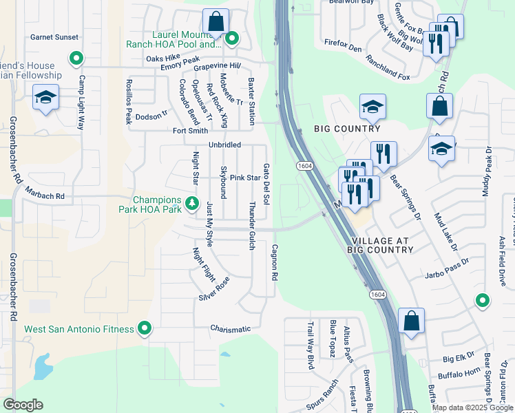 map of restaurants, bars, coffee shops, grocery stores, and more near 2723 Thunder Gulch in San Antonio