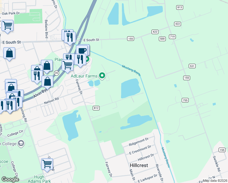 map of restaurants, bars, coffee shops, grocery stores, and more near 720 Sandpit Road in Alvin