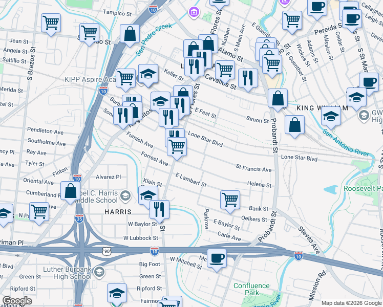 map of restaurants, bars, coffee shops, grocery stores, and more near 128 Saint Francis Avenue in San Antonio