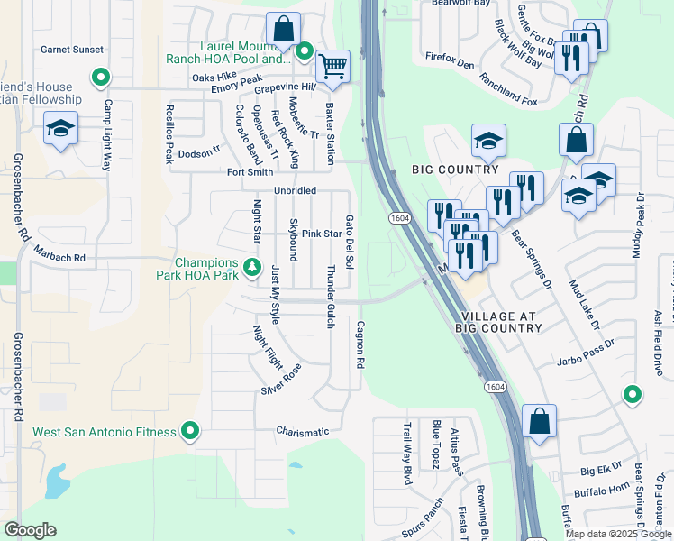 map of restaurants, bars, coffee shops, grocery stores, and more near 2723 Thunder Gulch in San Antonio