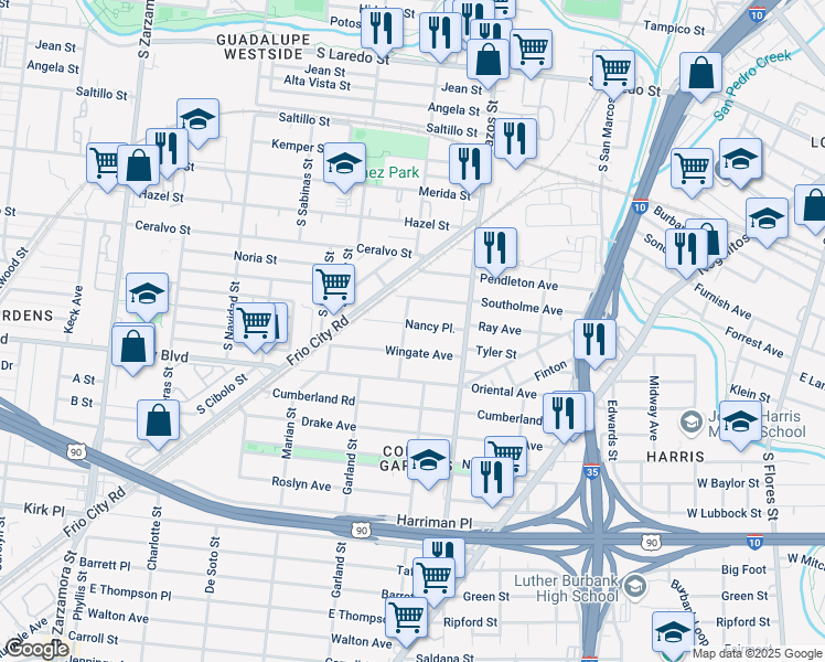 map of restaurants, bars, coffee shops, grocery stores, and more near 148 Nancy Place in San Antonio