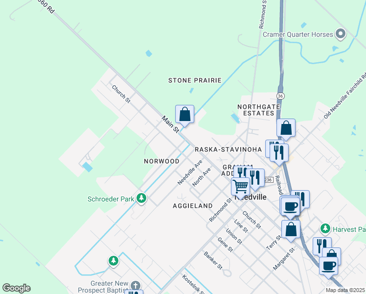 map of restaurants, bars, coffee shops, grocery stores, and more near 3215 Beasley Avenue in Needville