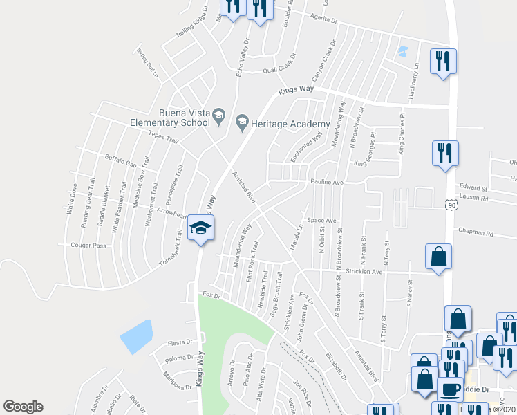 map of restaurants, bars, coffee shops, grocery stores, and more near 1122 Amistad Boulevard in Del Rio