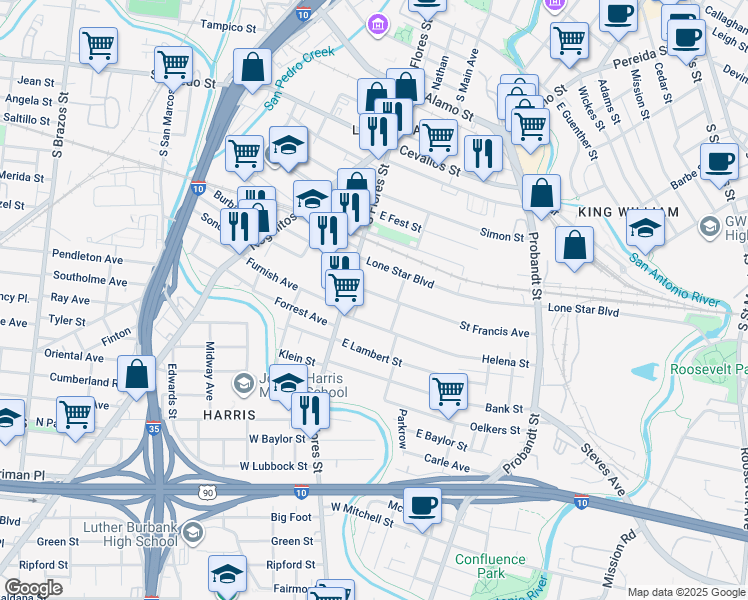 map of restaurants, bars, coffee shops, grocery stores, and more near 128 Saint Francis Avenue in San Antonio