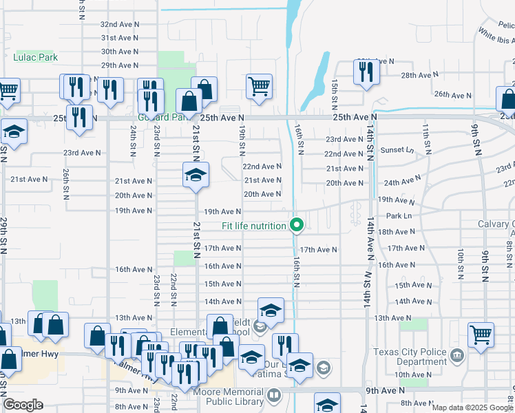 map of restaurants, bars, coffee shops, grocery stores, and more near 1804 19th Avenue North in Texas City