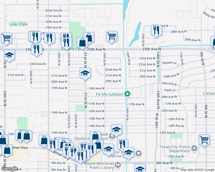 map of restaurants, bars, coffee shops, grocery stores, and more near 1804 19th Avenue North in Texas City