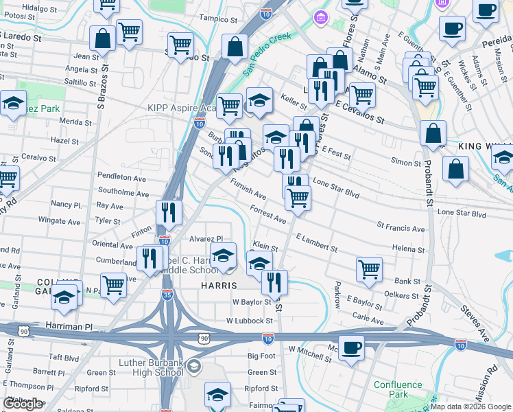 map of restaurants, bars, coffee shops, grocery stores, and more near 220 Forrest Avenue in San Antonio