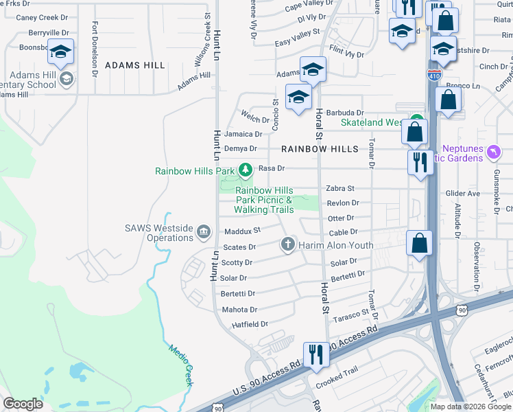 map of restaurants, bars, coffee shops, grocery stores, and more near 102 Simler Street in San Antonio