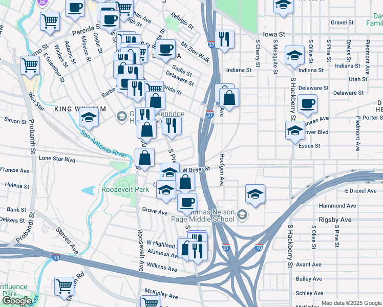 map of restaurants, bars, coffee shops, grocery stores, and more near 111 Conrad in San Antonio
