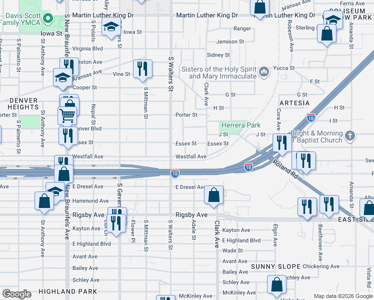 map of restaurants, bars, coffee shops, grocery stores, and more near 1335 Westfall Avenue in San Antonio