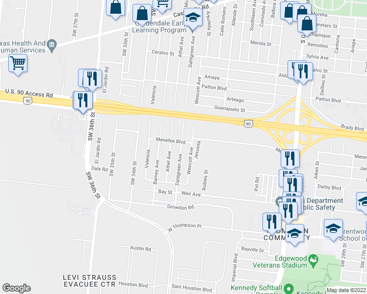 map of restaurants, bars, coffee shops, grocery stores, and more near 2410 Dahlgreen Avenue in San Antonio