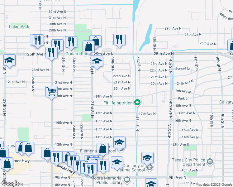 map of restaurants, bars, coffee shops, grocery stores, and more near 1804 19th Avenue North in Texas City