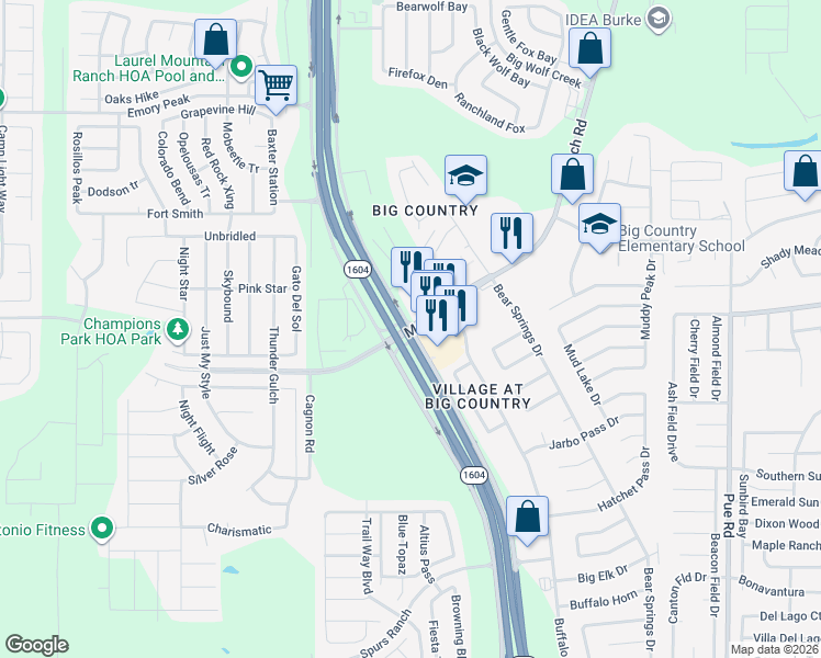 map of restaurants, bars, coffee shops, grocery stores, and more near Rte 1604 Loop & Marbach Rd in Bexar