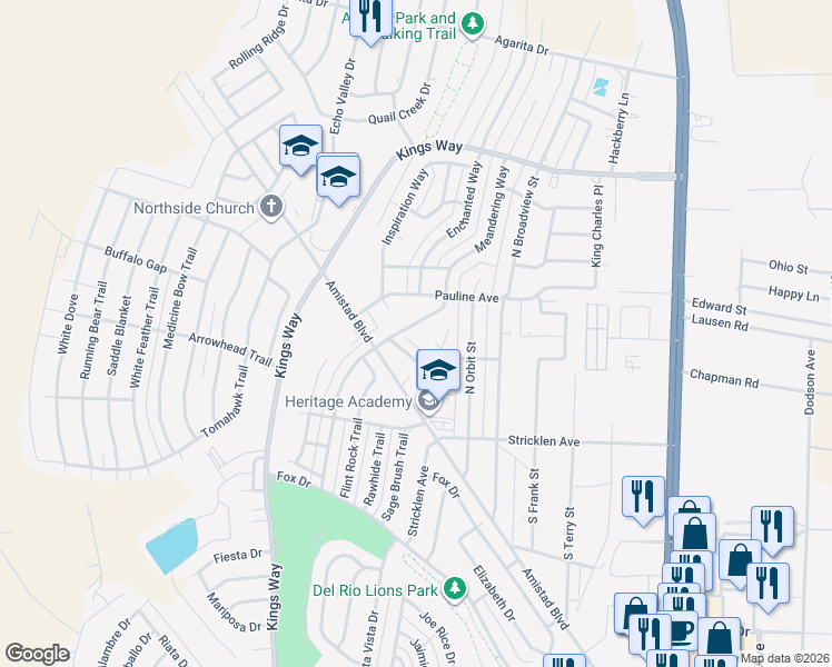 map of restaurants, bars, coffee shops, grocery stores, and more near 109 Lantana Lane in Del Rio
