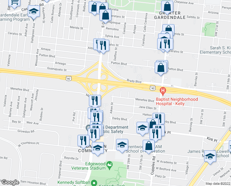 map of restaurants, bars, coffee shops, grocery stores, and more near 2355 Yantis Street in San Antonio