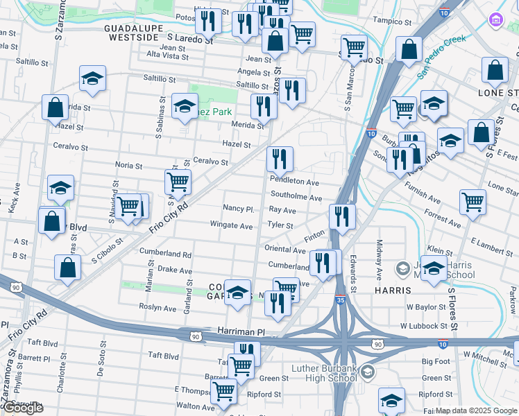 map of restaurants, bars, coffee shops, grocery stores, and more near 108 Nancy Place in San Antonio