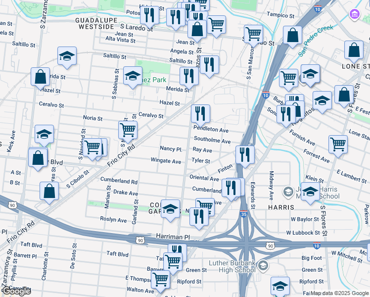 map of restaurants, bars, coffee shops, grocery stores, and more near 108 Nancy Place in San Antonio
