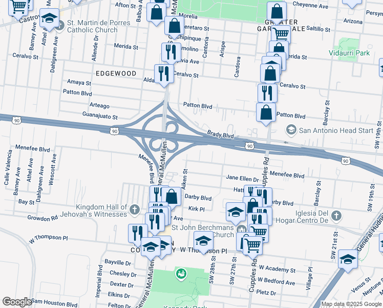 map of restaurants, bars, coffee shops, grocery stores, and more near 2355 Yantis Street in San Antonio