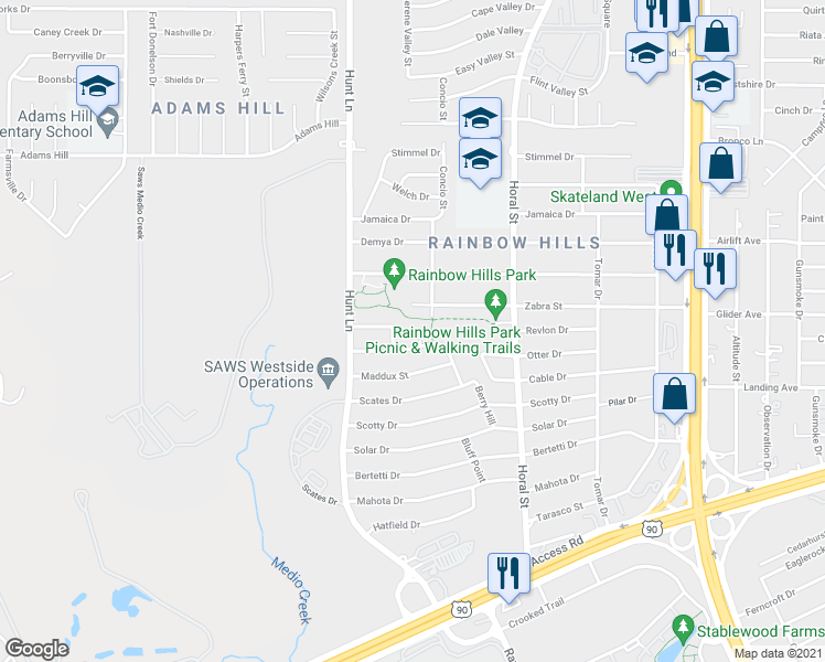 map of restaurants, bars, coffee shops, grocery stores, and more near 102 Simler Street in San Antonio