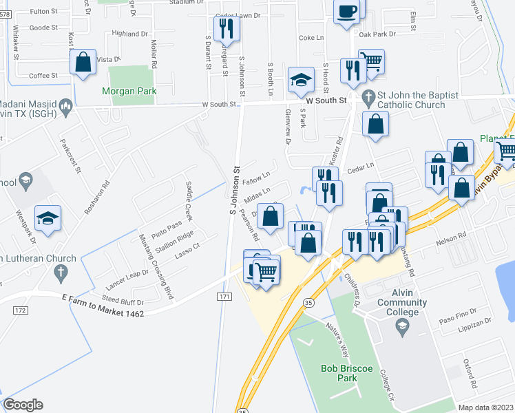 map of restaurants, bars, coffee shops, grocery stores, and more near 918 Dyche Lane in Alvin