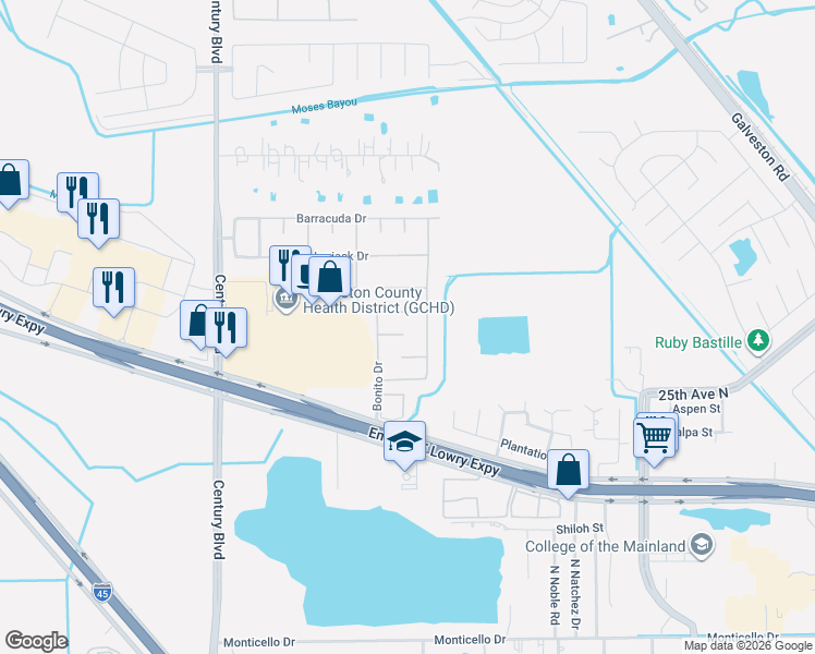 map of restaurants, bars, coffee shops, grocery stores, and more near 9115 Yellowfin Circle in Texas City