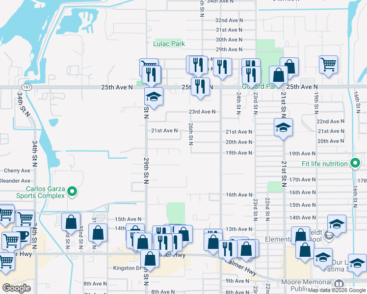 map of restaurants, bars, coffee shops, grocery stores, and more near 1901 26th Street North in Texas City