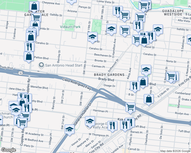map of restaurants, bars, coffee shops, grocery stores, and more near 838 Brady Boulevard in San Antonio