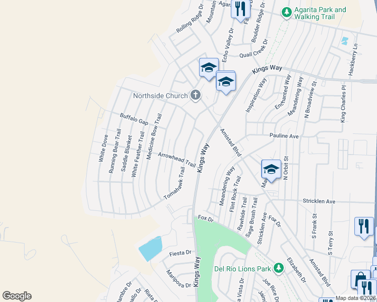 map of restaurants, bars, coffee shops, grocery stores, and more near 121 Tomahawk Trail in Del Rio