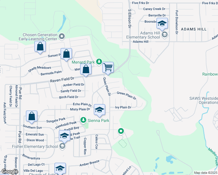 map of restaurants, bars, coffee shops, grocery stores, and more near 9750 Frost Plain Drive in San Antonio