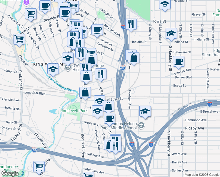 map of restaurants, bars, coffee shops, grocery stores, and more near 111 Conrad in San Antonio