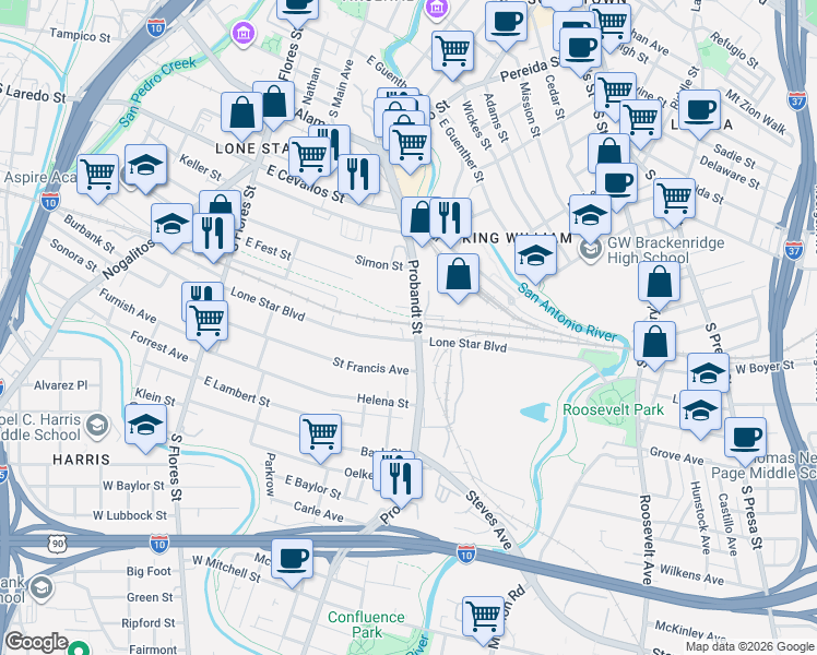 map of restaurants, bars, coffee shops, grocery stores, and more near 362 Lone Star Boulevard in San Antonio