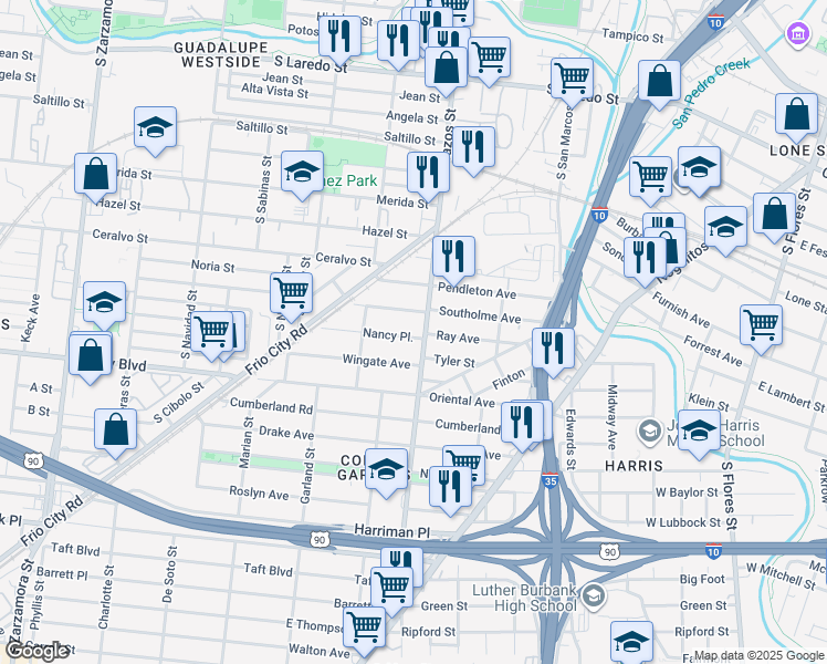 map of restaurants, bars, coffee shops, grocery stores, and more near 108 Nancy Place in San Antonio