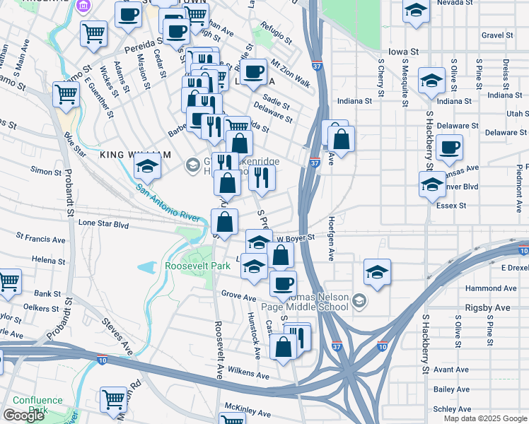map of restaurants, bars, coffee shops, grocery stores, and more near 108 Vitra Place in San Antonio