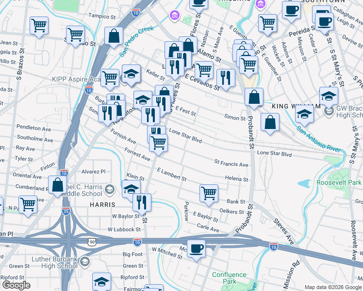 map of restaurants, bars, coffee shops, grocery stores, and more near 128 Saint Francis Avenue in San Antonio