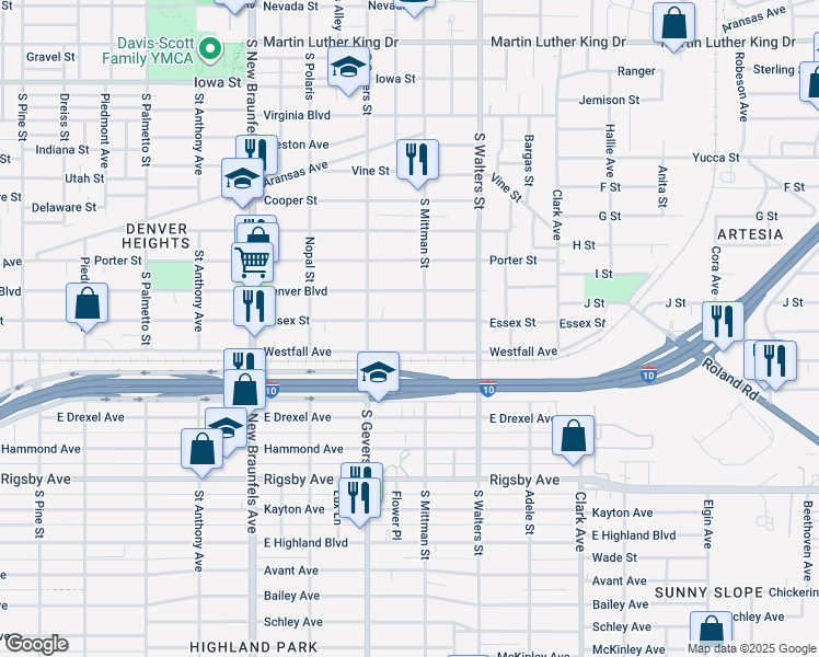 map of restaurants, bars, coffee shops, grocery stores, and more near 1131 Westfall Avenue in San Antonio