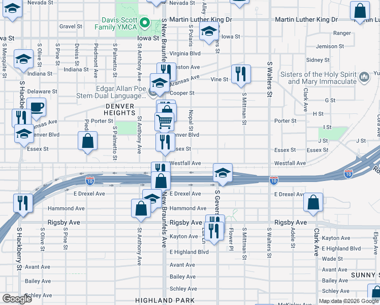 map of restaurants, bars, coffee shops, grocery stores, and more near 1011 Westfall Avenue in San Antonio