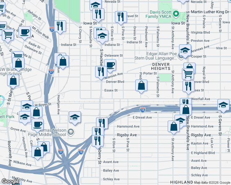 map of restaurants, bars, coffee shops, grocery stores, and more near 331 Westfall Avenue in San Antonio